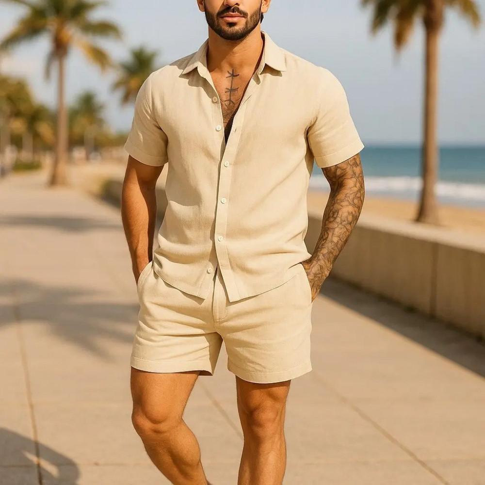 Conjunto Casual Linho Masculino Camisa e Bermuda