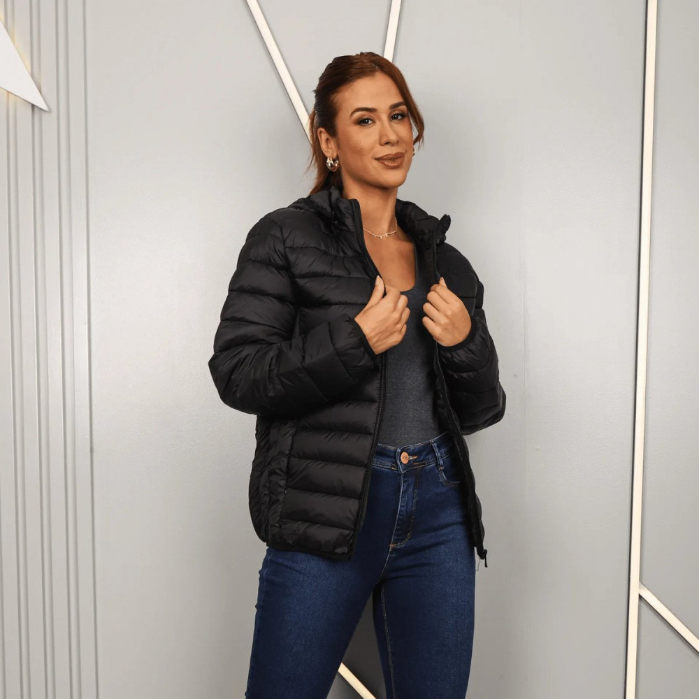 Jaqueta Feminina Puffer Nylon Impermeável Capuz