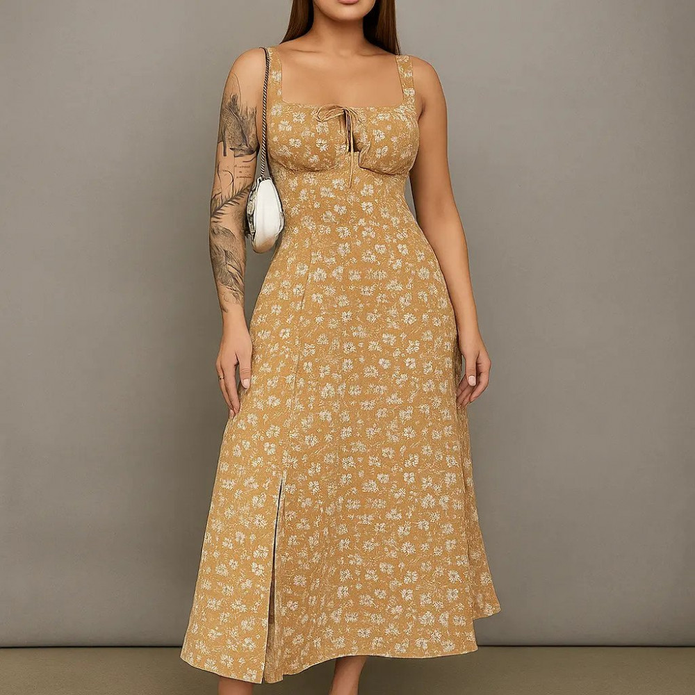 Vestido Midi Floral Feminino com Fenda e Laço