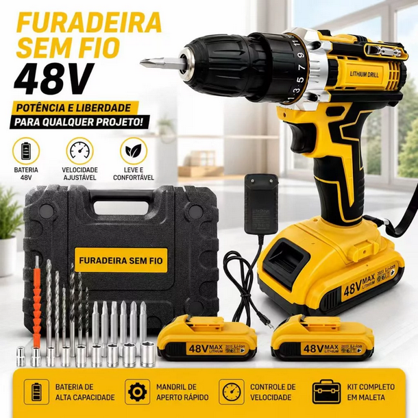 Parafusadeira Furadeira 48V Sem Fio com Baterias