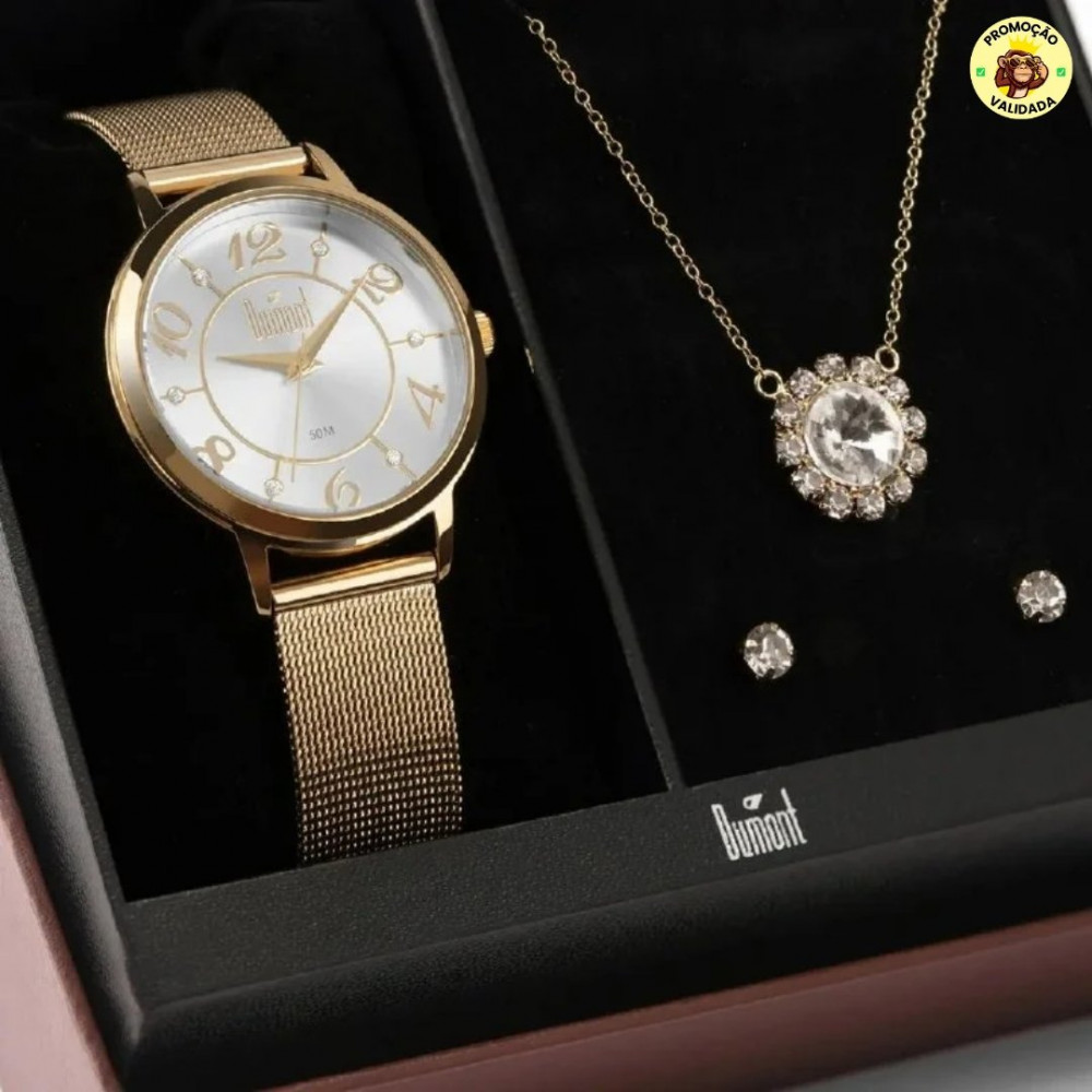 Kit Relógio Dourado Feminino Dumont