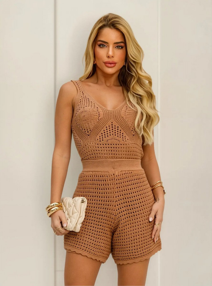 Conjunto Feminino Tricot Blusa e Short Praia