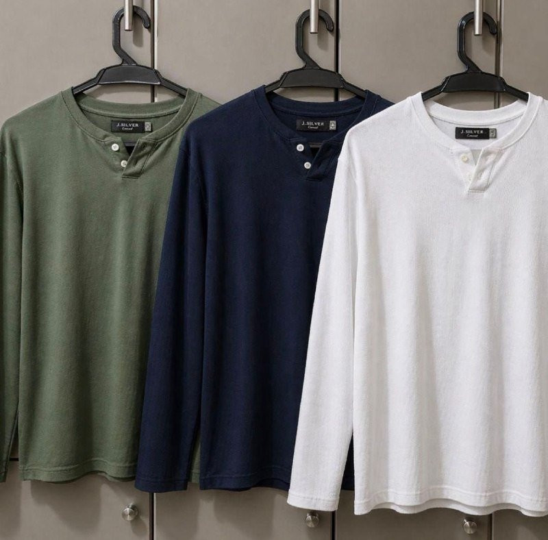 Kit 3 Camisetas Henley Slim Manga Longa
