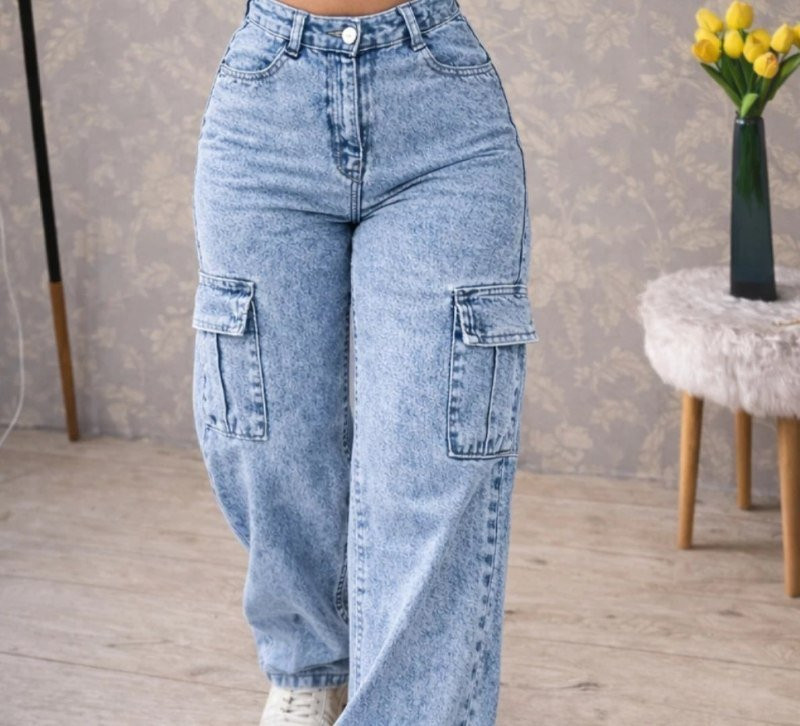 Calça Wide Leg Jeans CARGO Cintura Alta Sem Lycra
