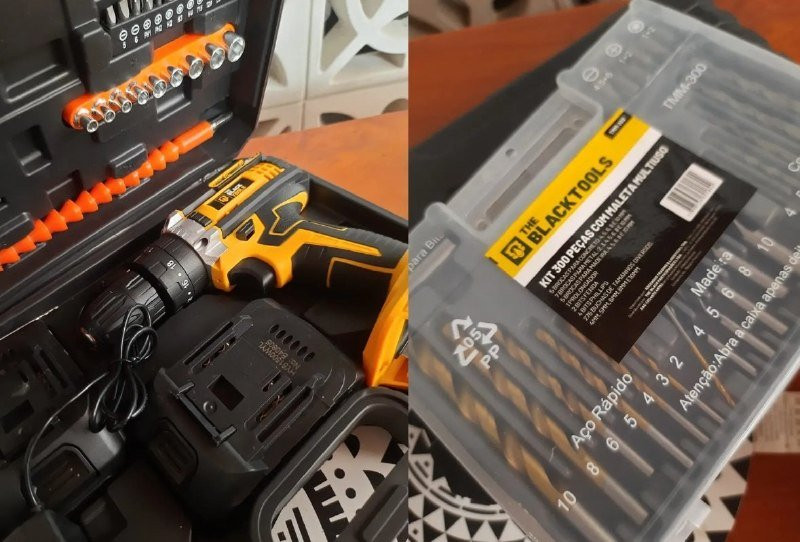 Parafusadeira Furadeira de Impacto 21v com Kit Brocas e Buchas 300 Peças The Black Tools