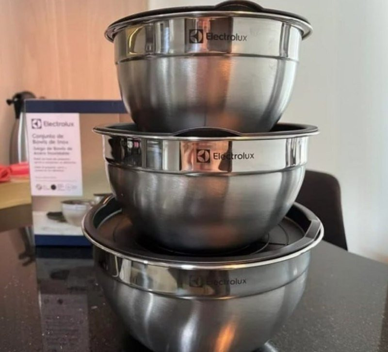 🥣  Combo de 3 Bowls Inox com Tampa Plastica Electrolux