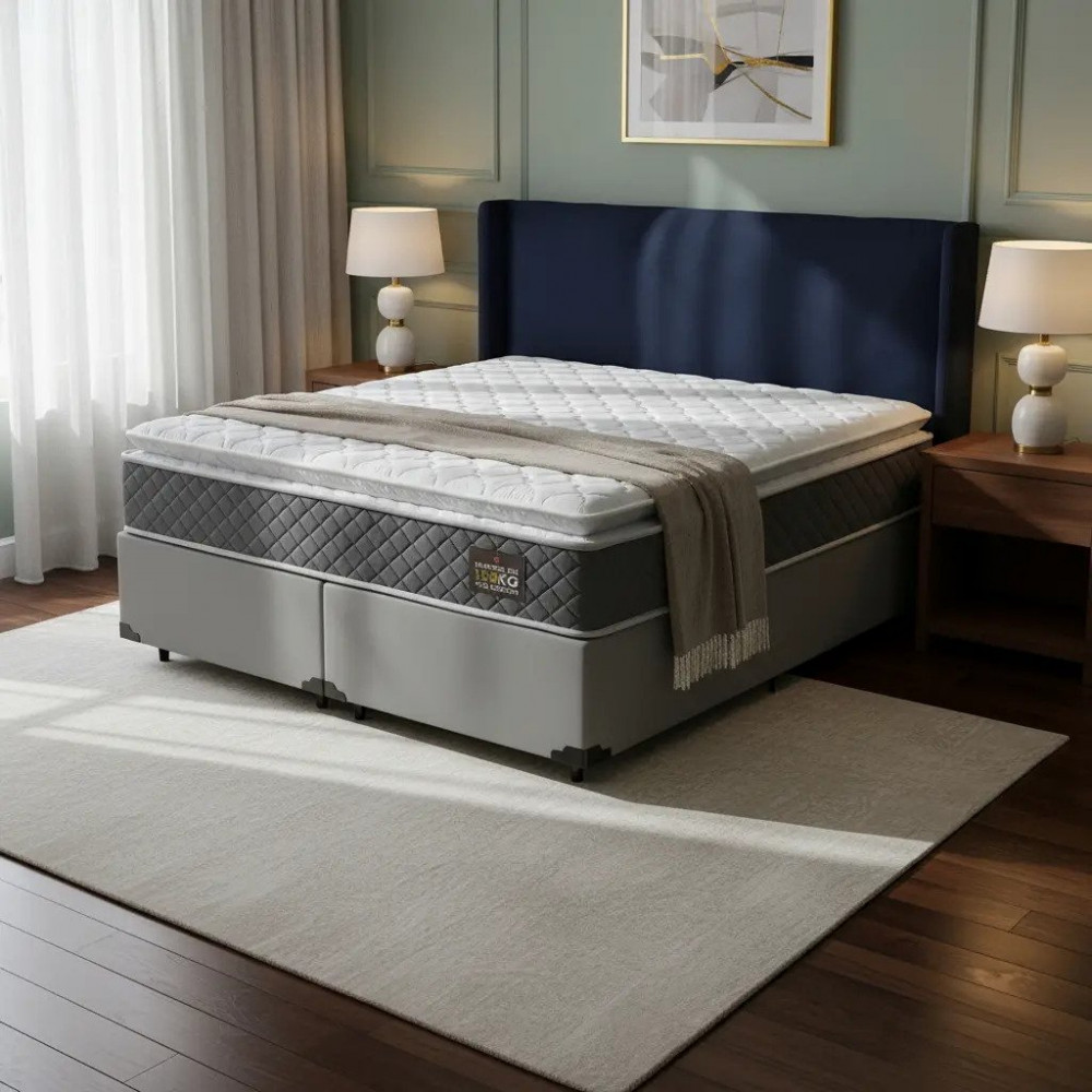 Cama Box Queen + Colchão D45 Pillow Top Cinza