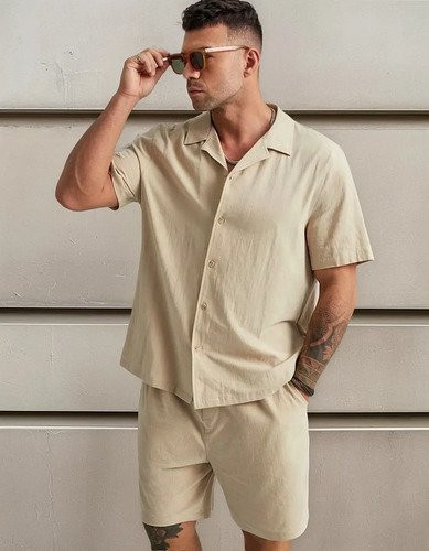 Conjunto Casual Linho Masculino Camisa e Bermuda