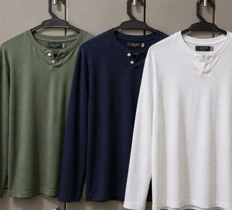 Kit 3 Camiseta Henley Slim 2 Botões Manga Longa