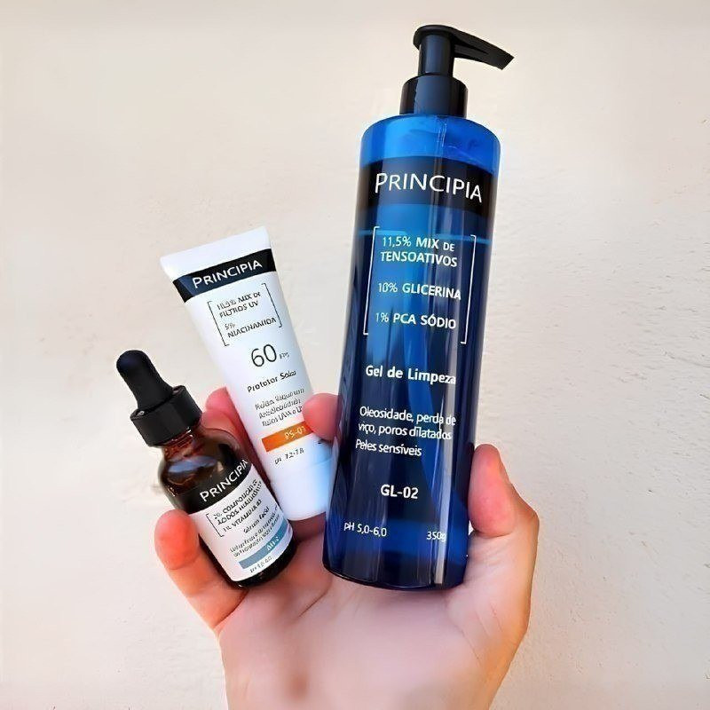 Kit Principia Primeira Rotina Skincare - Gel de Limpeza GL-02 - Protetor Solar - Sérum Facial