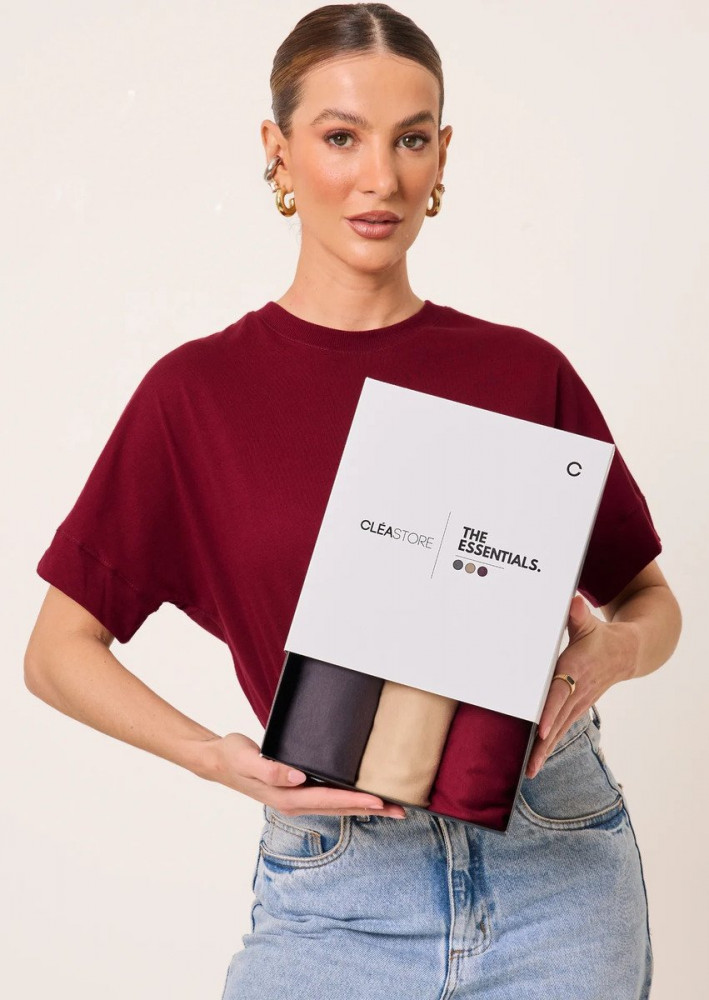 Kit 3 T-shirts Oversized Cléa Store Chumbo/bege/vinho
