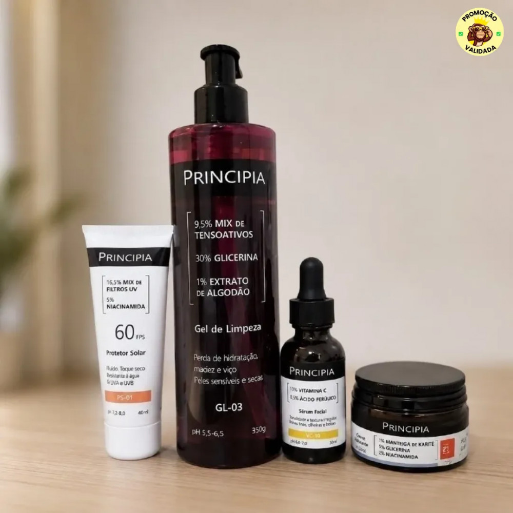 Kit Essencial Principia Peles Sensiveis Gel de Limpeza GL-03 Creme Hidratante CH-01 Serum Vitamina C VC-10 Protetor Solar PS-01