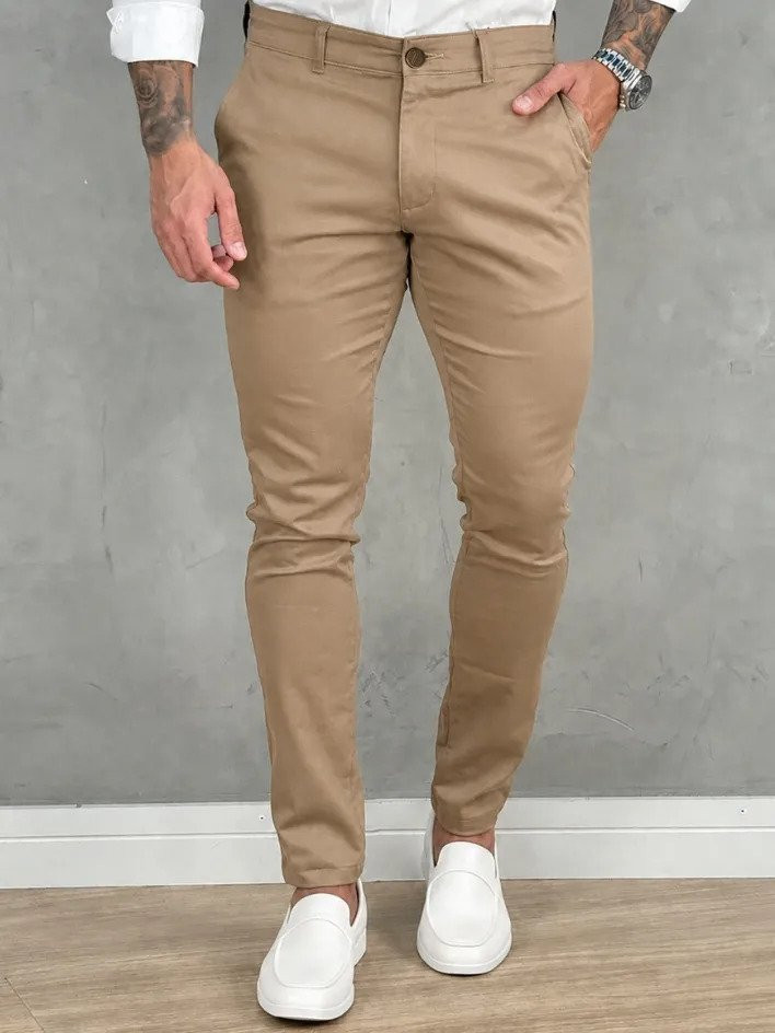 Calça Masculina Sarja Premium Bege Liso 42