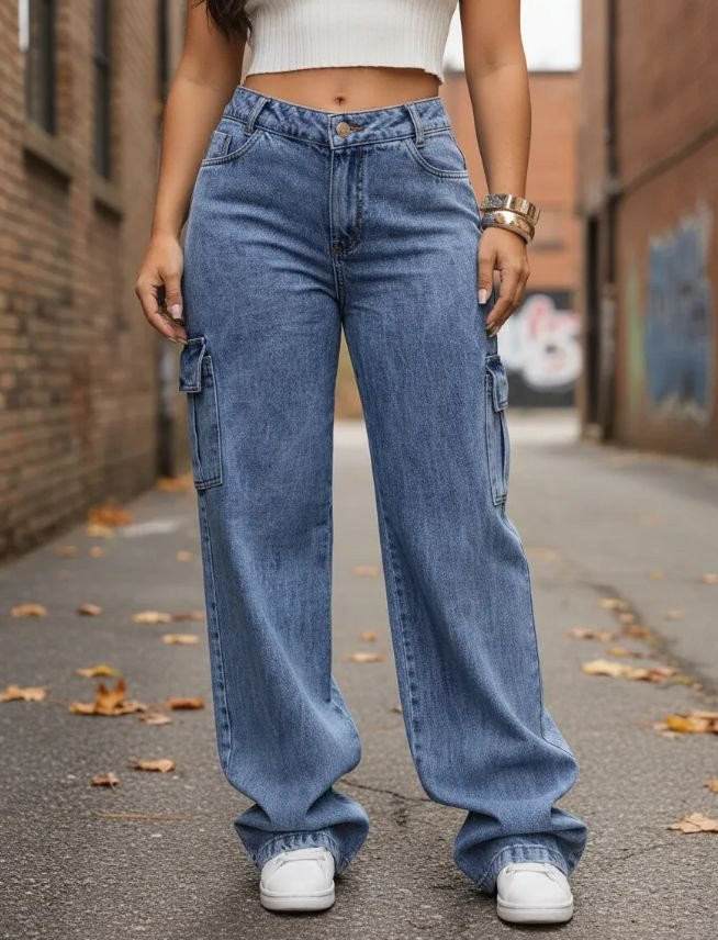 Calça Cargo Feminina Wide Leg Jeans Stillger