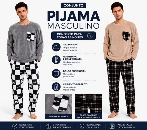 Pijama Masculino Xadrez Bolso Inverno