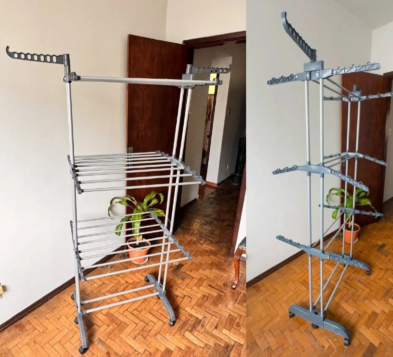 Varal de Chão Aço Inox com 3 Andares, 2 Hastes e 4 Rodas Dobrável