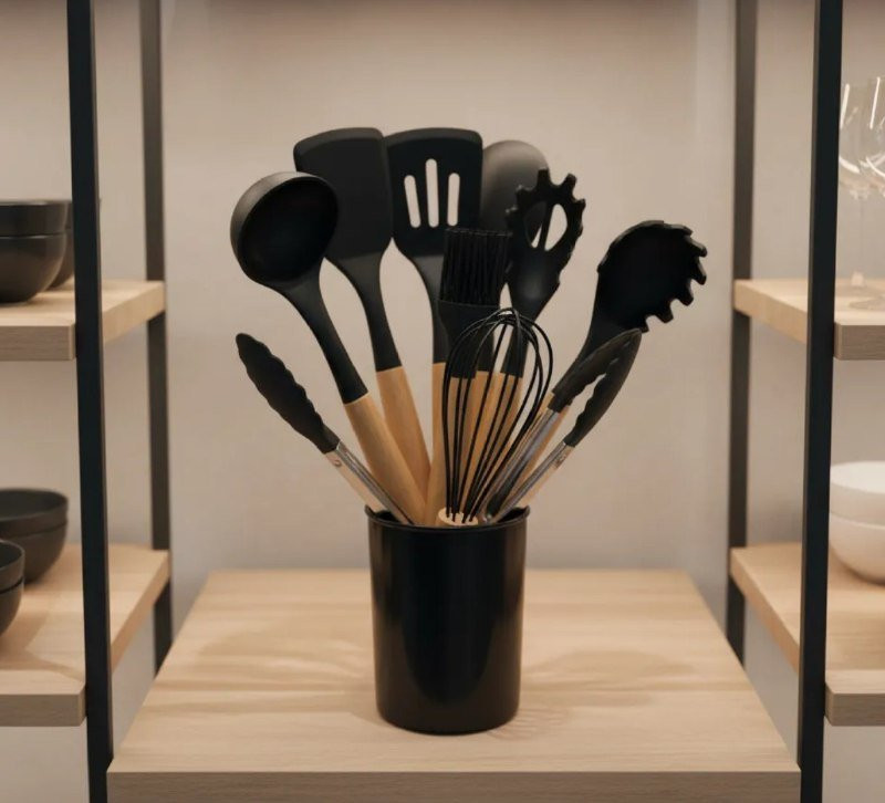 Kit Com 12 Utensílios De Cozinha Silicone Cabo De Madeira